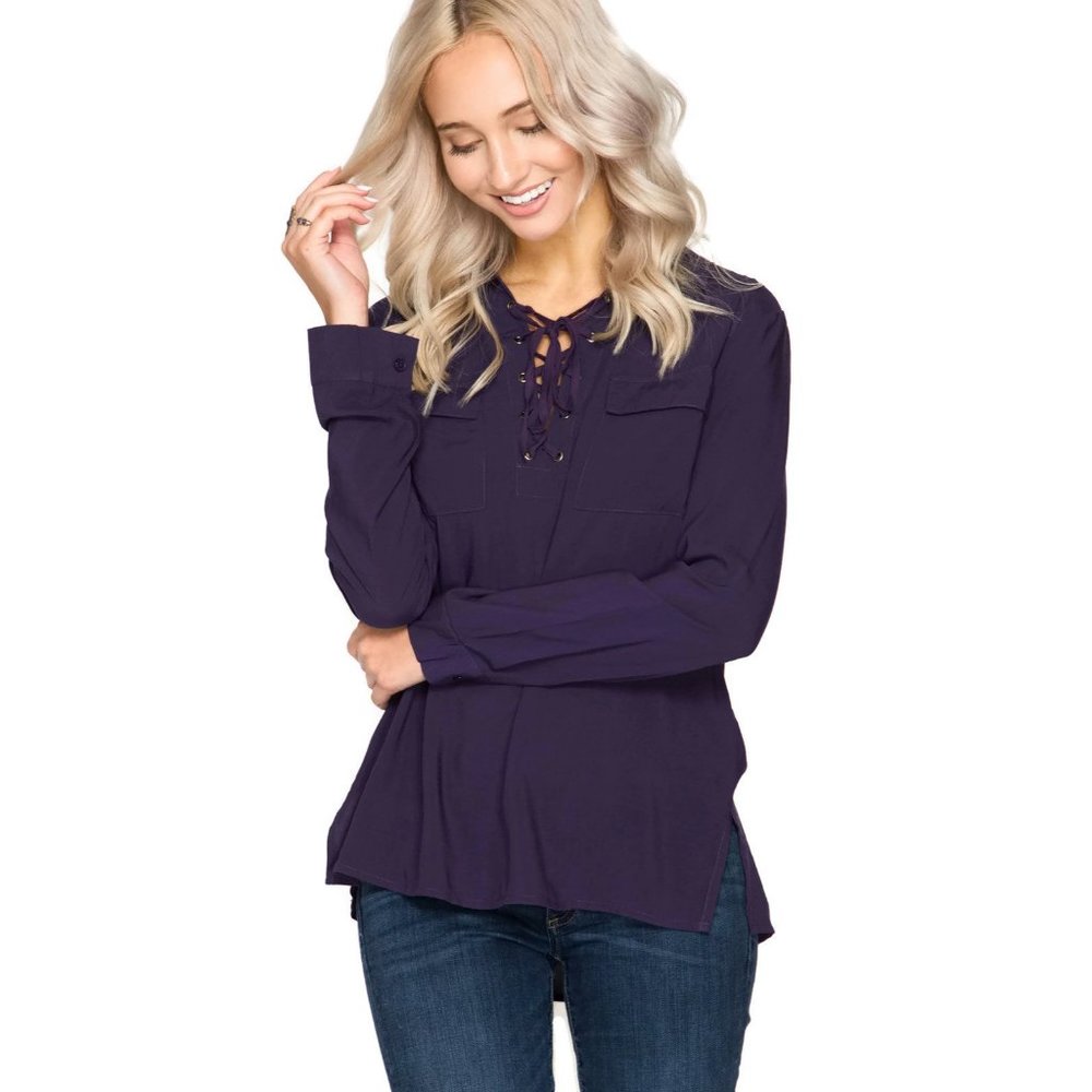 She & Sky Lace Up Shirt With Pockets, Purple